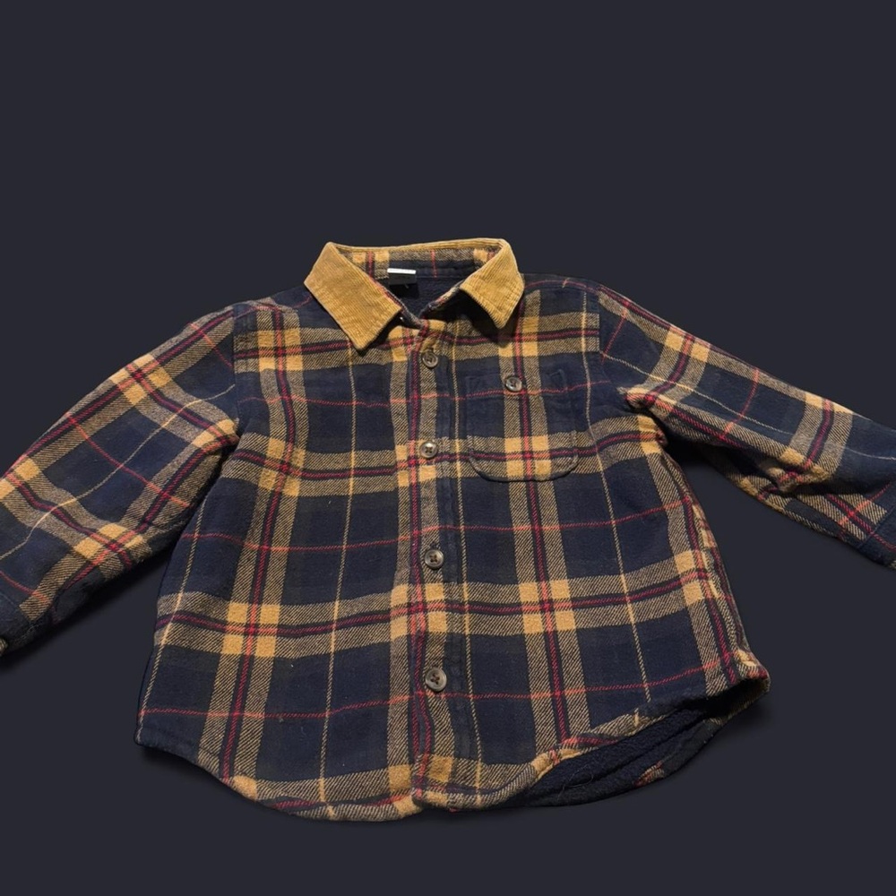 Kids Plaid Button-Up Shirt with Corduroy Collar and fleece inside